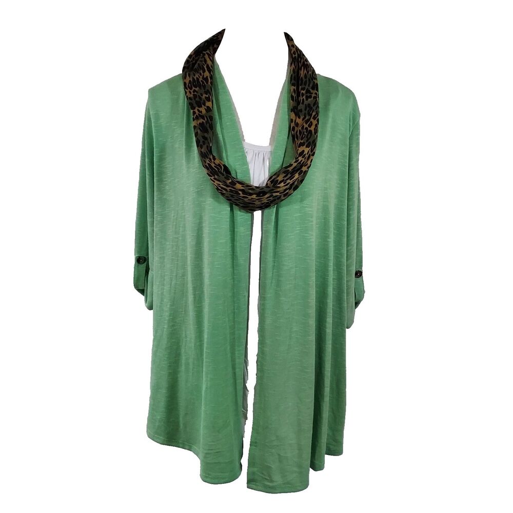 Notations 2Fer Shirt Top Womens Plus Size 2X Green White Stretch Scarf NWT